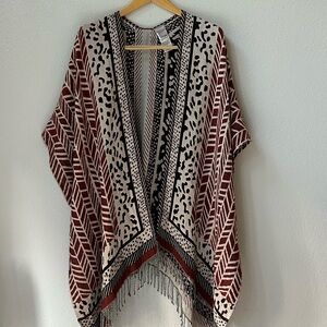 Tribal Multi-Pattern Poncho/Kimono/Wrap W/ Fringe; Maroon/Black/Off-White (O/S)